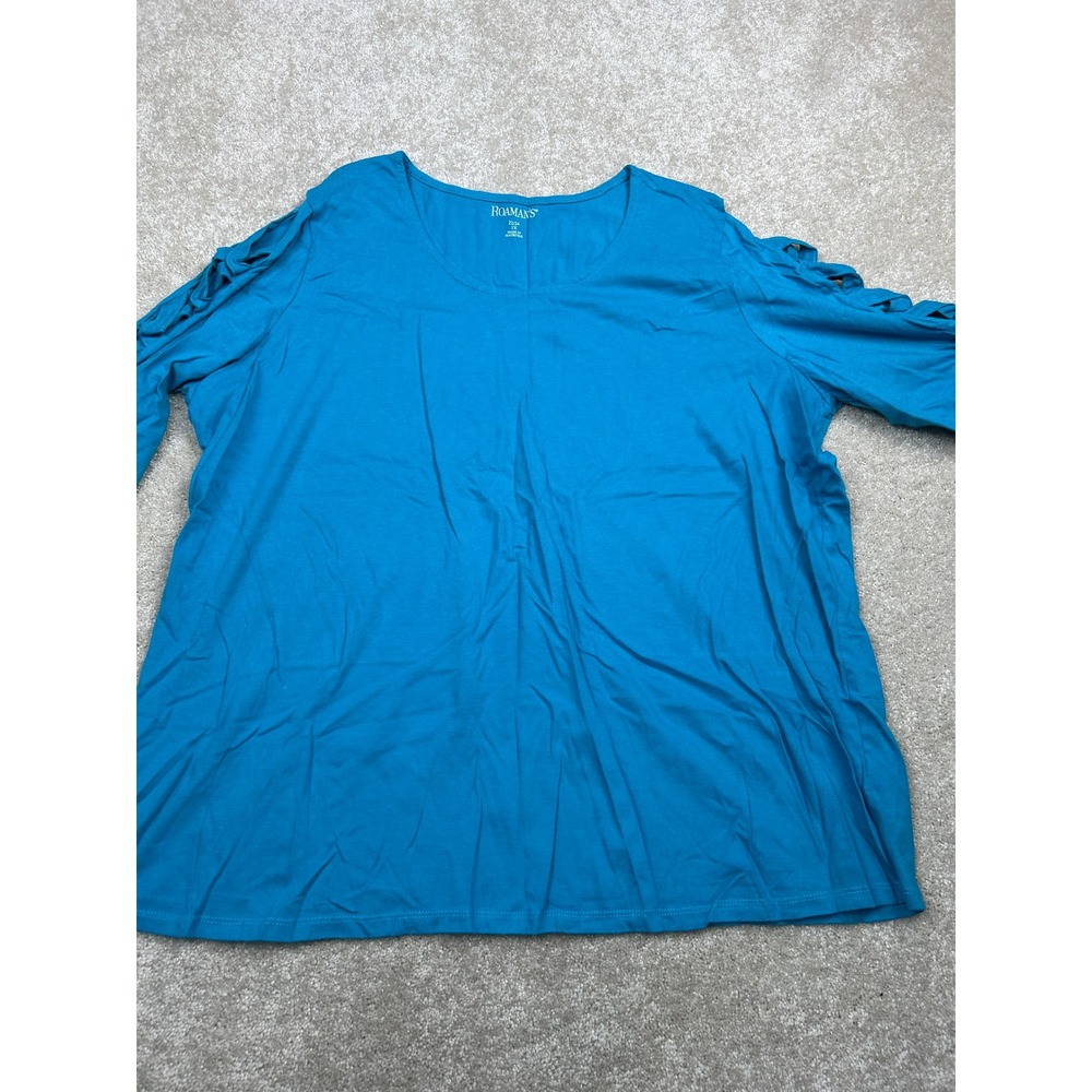 Roaman's Plus Size 22/24 1X Blue Cotton Cold Shoulder Lattice Sleeve Top